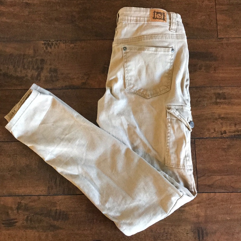 Khaki skinny jean cargo pants, size 1 l.e.i